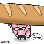  1girl baguette black_skirt bocchi_the_rock! bread chibi chibi_only closed_eyes facing_viewer fake_facial_hair fake_mustache food full_body gotoh_hitori highres holding holding_food jacket long_hair lulalang oversized_food oversized_object pink_hair pink_jacket simple_background skirt solo speech_bubble standing sweatdrop trembling white_background 