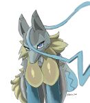2025 anthro big_breasts blue_body blue_fur breasts canid female front_view frown fur grey_body grey_fur hanging_breasts hi_res itidesu_zoe leaning leaning_forward looking_at_viewer mammal mega_lucario_z nintendo pokemon pokemon_(species) pupils simple_background solo tan_body tan_fur white_background white_pupils yellow_body yellow_fur