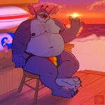 anthro arm_tattoo beach belly belly_hair big_belly body_hair chest_hair clothed clothing deep_navel disney ear_piercing facial_piercing feet gnarlybastard hawaiian hi_res jockstrap jockstrap_only lilo_and_stitch lip_piercing looking_at_viewer male moobs musclegut muscular navel nipple_piercing nipples nose_piercing nose_ring obese obese_anthro obese_male one_eye_closed outside overweight overweight_anthro overweight_male piercing rainbow_jockstrap ring_piercing solo stitch_(lilo_and_stitch) sunset tattoo topless tribal tribal_tattoo underwear underwear_only wink winking_at_viewer