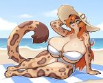 absurd_res anthro beach beach_towel big_breasts bikini blue_eyes breast_squish breasts brown_body brown_fur budoti clothed clothing felid female fluffy fluffy_tail fur hair hat headgear headwear hi_res huge_breasts hyper hyper_breasts leopard long_hair mammal markings orange_hair pantherine sea seaside skimpy solo spots spotted_body spotted_fur squish sun_hat swimwear tail tan_body tan_fur thick_thighs towel two-piece_swimsuit water wet wide_hips