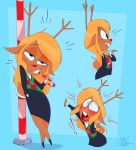 4_fingers anthro antlers artist_name bar_emanata barefoot big_eyes biped black_bottomwear black_clothing black_emanata black_eyebrows black_eyes black_hooves black_skirt black_sweater black_topwear blonde_hair blue_background blue_border blue_text blush border bottomwear breasts brown_body brown_ears brown_freckles brown_fur brown_horn brown_tail buckteeth candy candy_cane candy_cane_in_mouth checkered checkered_clothing checkered_topwear checkered_vest christmas christmas_decorations clothed clothed_anthro clothed_female clothing collared_shirt colored constricted_pupils countershade_fur countershade_tail countershading crossed_legs deer deltarune dessert digital_drawing_(artwork) digital_media_(artwork) ears_down eating eating_candy emanata exclamation_point eyebrow_through_hair eyebrows eyelashes feet female female_anthro fingers flash_emanata food freckled_face freckles front_view full-length_portrait fur furgonomics gesture glistening glistening_hair glowing glowing_nose green_clothing green_topwear green_vest hair half-length_portrait hand_in_pocket hi_res holding_candy_cane holidays hooves horn leaning leaning_backward leaning_on_object lidded_eyes long_hair looking_at_viewer mammal multiple_scenes new_world_deer noelle_holiday open_mouth open_smile panicking pattern_clothing pattern_topwear pattern_vest pencil_skirt pink_stripes pivoted_ears pockets pole portrait pupils raised_eyebrow raised_finger raised_pinky red_clothing red_emanata red_glow red_mouth red_nose red_stripes red_tongue red_topwear red_vest reindeer scut_tail shaded shadow shirt short_tail side_view signature silentjack simple_background skirt small_breasts small_pupils smile solo standing stripes sweater sweater_vest tail tail_through_skirt teeth text tongue toony topwear translucent translucent_hair undertale_(series) unguligrade vest white_body white_countershading white_dress_shirt