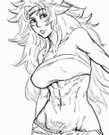  abs bare_shoulders bb_(baalbuddy) breasts covered_nipples greyscale groin headband large_breasts lineart long_hair lowleg lowleg_pants midriff monochrome muscle navel pants queen's_blade risty solo strapless tattoo tubetop 