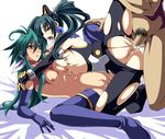  1boy 2girls anal brown_eyes censored character_request cum dark_skin elbow_gloves gloves green_hair group_sex long_hair multiple_girls open_mouth penis pubic_hair ribs sex small_breasts thighhighs threesome torn_clothes 