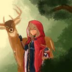  animal basket blonde_hair blue_eyes deer fingerless_gloves front_ponytail gloves grimm's_fairy_tales highres hood hood_up little_red_riding_hood little_red_riding_hood_(grimm) long_hair pandaga 