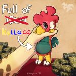 abdominal_bulge anthro avian belly belly_inflation bird bodily_fluids chicken comic cum cum_inflation cum_inside dialogue digital_media_(artwork) galliform genital_fluids hi_res inflation male phasianid solo zaryuzu_73 