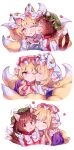  3girls :3 ;) ;d absurdres animal_ears blonde_hair blue_tabard blush bow bowtie breasts brown_hair cat_ears cat_girl cat_tail chen choker cleavage closed_eyes commentary_request cropped_shoulders dress fox fox_girl green_hat hat hat_ribbon heart highres kiss kissing_cheek masanaga_(tsukasa) mob_cap multiple_girls multiple_tails one_eye_closed puff_of_air purple_dress purple_eyes red_eyes red_ribbon red_vest ribbon ribbon_choker shirt short_hair simple_background smile tabard tail touhou trembling two_tails v-shaped_eyebrows vest white_background white_bow white_bowtie white_dress white_hat white_shirt yakumo_ran yakumo_yukari yellow_eyes yuri 