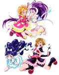  4girls artist_name bike_shorts black_dress black_gloves black_leg_warmers black_shorts blue_eyes blue_hair blue_sash boots bow brooch brown_eyes brown_hair clenched_hands commentary cure_black cure_bloom cure_egret cure_white detached_sleeves dress earrings eye_contact fingerless_gloves full_body futari_wa_precure futari_wa_precure_max_heart futari_wa_precure_splash_star gloves hair_bow heart heart_brooch heart_earrings high_ponytail highres holding_hands hyuuga_saki interlocked_fingers jewelry leg_warmers long_hair looking_at_another looking_at_viewer magical_girl mishou_mai misumi_nagisa multiple_girls open_mouth orange_eyes orange_hair pink_bow pink_dress pink_leg_warmers pink_shoes ponytail precure purple_boots purple_eyes purple_gloves purple_hair purple_shorts red_bow sash shirako_love shoes short_hair shorts simple_background smile symbol-only_commentary twitter_username v-shaped_eyebrows very_long_hair white_background white_boots white_bow white_dress white_leg_warmers white_sleeves yukishiro_honoka 