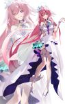  1girl absurdres bare_shoulders breasts collarbone commentary_request cosplay cyrene_(demiurge)_(honkai:_star_rail) cyrene_(honkai:_star_rail) cyrene_(honkai:_star_rail)_(cosplay) dress elysia_(herrscher_of_human:_ego)_(honkai_impact) elysia_(honkai_impact) flower grin hair_flower hair_intakes hair_ornament harutoman high-low_dress highres honkai:_star_rail honkai_(series) honkai_impact_3rd inoue_marina large_breasts long_hair looking_at_viewer pink_hair purple_eyes shoes simple_background sleeveless sleeveless_dress smile solo very_long_hair voice_actor_connection white_background white_dress white_shoes yanning zoom_layer 