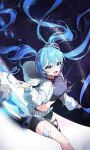  1girl absurdres ahoge aqua_eyes aqua_hair asymmetrical_clothes belt black_shirt black_shorts black_thighhighs blurry breasts commentary_request crop_top dna floating_hair hair_between_eyes hatsune_miku highres hood hoodie jacket jewelry long_hair medium_breasts monthyy12 multicolored_hair navel project_01:_time-loop ring shirt short_shorts shorts single_pantsleg single_thighhigh solo stomach thighhighs timeloop_miku torn_clothes torn_thighhighs twintails very_long_hair vocaloid white_belt white_hoodie white_jacket 
