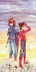  2boys age_difference brown_eyes brown_hair father_and_son flower hand_holding kratos_aurion lloyd_irving male male_focus male_only multiple_boys red_eyes red_hair short_hair suspenders tales_of_(series) tales_of_symphonia 