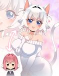  2girls :d absurdres animal_ear_fluff animal_ears arm_between_breasts arrow_(symbol) bare_shoulders between_breasts blue_eyes blush breasts cat_ears cat_tail chibi chibi_inset erigo hair_intakes hanazono_hakari heart heart_in_eye highres kimi_no_koto_ga_dai_dai_dai_dai_daisuki_na_100-nin_no_kanojo large_breasts long_sleeves multiple_girls nekonari_tama off-shoulder_sweater off_shoulder open_mouth personality_switch pink_hair short_hair smile solid_oval_eyes sweater symbol_in_eye tail white_hair white_sweater zoom_layer 