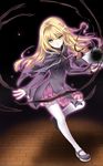  bad_id bad_pixiv_id blonde_hair book darkness frilled_skirt frills green_eyes highres kuro_(kuronell) leg_up long_hair mary_janes open_book outstretched_hand pantyhose pleated_skirt ribbon seven shawl shoes skirt sleeves_past_wrists solo sword_girls white_legwear 