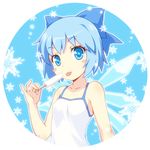 bare_shoulders blue_eyes blue_hair blush_stickers bow cirno food hair_bow popsicle short_hair snowflakes solo tongue touhou upper_body wings yamasan 