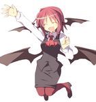  :d ^_^ alternate_hair_length alternate_hairstyle arm_up ascot bat_wings breasts closed_eyes commentary_request dress_shirt full_body head_wings high_heels koakuma long_sleeves low_wings medium_breasts open_mouth pantyhose red_hair red_legwear satou_kibi shirt shoes short_hair skirt skirt_set smile solo touhou vest waving white_background white_shirt wings 