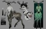  1boy antlers black_eyes black_hair blood blood_on_face centaur chomchomphu13 claws commentary english_commentary grin highres horns intruder_(no_i'm_not_a_human) looking_at_viewer male_focus no_i'm_not_a_human open_mouth reference_inset reference_sheet sharp_teeth short_hair smile taur teeth topless_male 