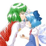  ascot blue_dress blue_eyes blue_hair bow cirno closed_eyes dress dress_shirt forehead_kiss green_hair hair_bow kazami_yuuka kiss multiple_girls petting plaid plaid_vest shirt short_hair supon touhou vest wings 