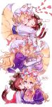  !? ... 3girls :d :p absurdres animal_ears blonde_hair blue_tabard blush breasts brown_hair cat_ears cat_girl cat_tail chen cleavage closed_eyes commentary_request dress elbow_gloves fox_girl fox_tail full-face_blush gloves green_hat hat hat_ribbon heart highres holding_another's_wrist hug kiss kissing_cheek kitsune licking licking_another's_cheek licking_another's_face long_hair long_sleeves masanaga_(tsukasa) mob_cap multiple_girls multiple_tails neck_ribbon puffy_short_sleeves puffy_sleeves purple_dress purple_eyes red_ribbon red_vest ribbon shirt short_hair short_sleeves simple_background smile speech_bubble spoken_ellipsis spoken_interrobang sweat tabard tail thought_bubble tongue tongue_out touhou translation_request vest wavy_hair white_background white_gloves white_hat white_shirt wide-eyed yakumo_ran yakumo_yukari yuri 
