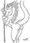  breasts butt dr_comet female line_art monochrome nipples polearm pussy solo spear 