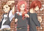  3boys age_difference blue_eyes blush brown_eyes brown_hair father_and_son grin kratos_aurion lloyd_irving long_hair male male_focus multiple_boys red_eyes red_hair red_string short_hair smile string tales_of_(series) tales_of_symphonia zelos_wilder 
