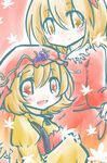  aki_minoriko aki_shizuha blonde_hair blush dress food fruit grapes hat kenoka leaf leaf_on_head multiple_girls open_clothes open_shirt red_dress red_eyes shirt short_hair siblings sisters smile touhou yellow_eyes 