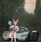 absurd_res anthro being_watched car eeveelution exhibitionism forest generation_6_pokemon hi_res inviting knot looking_at_another looking_at_viewer male mercedes-benz nintendo outside plant pokemon pokemon_(species) public racing_suit rosy_rosales sauberc9 saubercalixto solo sylveon tree vehicle