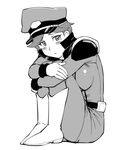  :&lt; belt blush boots breasts gloves greyscale gundam gundam_age hat large_breasts leg_hug military military_uniform monochrome natora_einus peaked_cap short_hair solo ueyama_michirou uniform 