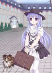  bad_id bad_pixiv_id bag blue_hair blush dog dress flower hat holding original pantyhose purple_eyes solo standing tsukino_neru white_legwear wrist_cuffs 