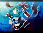  aqua_eyes aqua_hair arm_ribbon bow dress front_ponytail hair_bow hair_ornament hair_ribbon hands_together kagiyama_hina letterboxed long_hair looking_at_viewer nomu own_hands_together red_dress ribbon solo touhou underwater water 