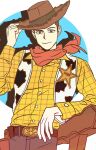  1boy animal_print baoul101552 belt_buckle brown_eyes brown_hair brown_hat buckle checkered_clothes checkered_shirt closed_mouth commentary cow_print cowboy cowboy_hat hat hat_tip highres holster long_sleeves looking_at_viewer male_focus neckerchief open_clothes open_vest pants print_vest red_neckerchief sheriff_badge sheriff_woody shirt shirt_tucked_in short_hair smile solo symbol-only_commentary toy_story vest yellow_shirt 