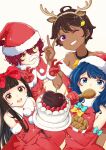  4girls :d ;) antlers bare_shoulders birthday_cake black_choker black_hair blue_eyes blue_hair bow brown_eyes bucket_of_chicken cake capelet chicken_(food) choker christmas commentary_request dark-skinned_female dark_skin double_v dress eating elbow_gloves fake_antlers fake_facial_hair fake_mustache food food-themed_hair_ornament fried_chicken fur-trimmed_capelet fur-trimmed_dress fur-trimmed_headwear fur_trim gloves grey_background hair_bow hair_ornament hat highres horns komari_chika lemon_hair_ornament long_hair looking_at_viewer make_heroine_ga_oo_sugiru! mono9ron multiple_girls nukumizu_kaju one_eye_closed purple_eyes red_bow red_capelet red_dress red_gloves red_hair red_hat reindeer_antlers santa_costume santa_dress santa_hat short_hair simple_background sleeveless sleeveless_dress smile v yakishio_lemon yanami_anna yellow_eyes 
