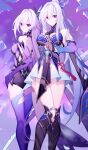  2girls breasts bridal_gauntlets collar commentary_request detached_sleeves dress earrings genshin_impact gloves hair_ornament highres honkai:_star_rail honkai_(series) jewelry jingliu_(honkai:_star_rail) kneehighs large_breasts long_hair looking_at_viewer mihoyo multiple_girls nami_qi purple_background purple_gloves red_eyes shards single_earring skirk_(genshin_impact) socks tassel thighhighs thighs very_long_hair white_hair 