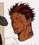  1boy alternate_hair_color alternate_skin_color barbell_piercing black_hair closed_mouth commentary cropped_head ear_piercing english_commentary extra_eyes eyebrow_cut eyebrow_piercing face_piercing facial_tattoo highres industrial_piercing jujutsu_kaisen light_smile looking_at_viewer male_focus multicolored_hair neck_tattoo piercing plug_(piercing) red_eyes red_streaks short_hair sketch_inset snakebite_(piercing) spiked_ear_piercing streaked_hair tan tattoo to_0fu white_background 
