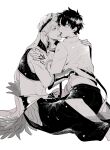  2boys abs absurdres baggy_pants bare_shoulders barefoot belt bit_(8115894) blue_eyes blush chain chaldea_uniform circle command_spell commentary_request earrings fang fate/grand_order fate_(series) fingernails from_behind fujimaru_ritsuka_(male) full_body fur_trim gauntlets gem gilgamesh_(caster)_(fate) gilgamesh_(fate) greyscale hair_between_eyes half-closed_eyes hand_on_another's_shoulder hand_up highres horns jewelry lifting_another's_clothes long_sleeves looking_at_another male_focus monochrome multiple_boys muscular muscular_male open_clothes open_mouth open_vest pants red_eyes shirt short_hair shoulder_tattoo simple_background single_gauntlet sitting sitting_on_person star_(symbol) tattoo teeth tongue turban veil vest yaoi 
