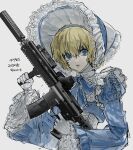  1girl aigis_(persona) ar-15 blonde_hair blue_bow blue_dress blue_eyes bonnet bow classic_lolita corset dress foregrip frilled_bonnet frilled_bow frilled_sleeves frills gloves gun hair_between_eyes harari highres holding holding_gun holding_weapon korean_text lolita_fashion long_sleeves looking_at_viewer optical_sight parted_lips persona persona_3 pixie_cut rifle simple_background solo suppressor translation_request vertical_foregrip weapon white_background white_bonnet white_corset white_gloves wide_sleeves 