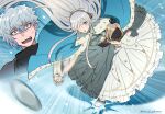  1boy 1girl anastasia_(fate) black_shirt blue_dress blue_eyes breasts commentary_request dress earrings fate/grand_order fate_(series) grey_hair ice_skating jewelry kadoc_zemlupus long_hair meiji_ken open_mouth shirt short_hair skating snowball stuffed_toy twitter_username viy_(fate) white_shirt yellow_eyes 
