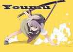  black_hairband braking character_name dust_cloud full_body hairband holding katana konpaku_youmu mieharu parody sheath sheathed silver_hair solo style_parody sword team_fortress_2 touhou weapon yellow_background 