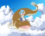  ahoge arm_up barefoot blouse blue_hair blue_sky bow catfish cloud day fish flying food fruit hat hat_removed hat_ribbon headwear_removed hinanawi_tenshi long_hair looking_away mmchocolate namazu open_hand open_mouth peach red_eyes ribbon riding sitting skirt sky solo touhou wariza wind 