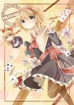  alice_in_wonderland alice_margatroid ascot bad_id bad_pixiv_id blonde_hair blue_eyes book bow bunny capelet card character_name club_(shape) diamond_(shape) flower glasses hair_bow hairband highres kuran_(mkmrl) long_hair pantyhose pince-nez playing_card pocket_watch shanghai_doll short_hair smile solo spade_(shape) touhou watch white_rabbit 