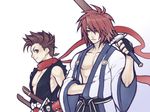  2boys age_difference alternate_costume bare_chest belt brown_eyes brown_hair father_and_son fingerless_gloves folks_(nabokof) gloves japanese_clothes kratos_aurion lloyd_irving male male_focus multiple_boys red_eyes red_hair red_scarf scarf short_hair sword tales_of_(series) tales_of_symphonia weapon 