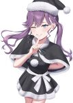  ;d absurdres arm_behind_back black_capelet black_dress black_hat blush braid butterfly_hair_ornament capelet commentary dress ear_piercing fur-trimmed_capelet fur-trimmed_dress fur-trimmed_headwear fur_trim gakuen_idolmaster grin hair_ornament hat highres idolmaster index_finger_raised kaya_rinha miyuki_kotori one_eye_closed piercing purple_hair santa_costume simple_background smile twintails white_background 