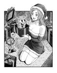  1girl bare_shoulders bleach border box breasts broken_heart christmas_present cleavage commentary crying detached_sleeves dress english_commentary full_body fur-trimmed_dress fur-trimmed_sleeves fur_trim gift gift_box greyscale hat heart highres holding holding_box inoue_orihime kneeling kon_(bleach) large_breasts light_blush long_hair monochrome open_mouth parted_bangs santa_costume santa_dress santa_hat seveninks skindentation smile spongebob_squarepants spongebob_squarepants_(series) strapless strapless_dress streaming_tears stuffed_animal stuffed_lion stuffed_toy tears thighhighs tube_dress twitter_username white_border white_thighhighs 