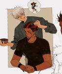  2boys :q alternate_costume alternate_hair_color alternate_skin_color arm_tattoo black_hair black_nails black_shirt blue_eyes border closed_mouth commentary english_commentary eyebrow_cut eyebrow_piercing face_piercing facial_tattoo gojou_satoru grey_shirt highres jujutsu_kaisen looking_ahead looking_at_another male_focus multicolored_hair multiple_boys outside_border piercing plug_(piercing) red_eyes red_streaks ryoumen_sukuna_(jujutsu_kaisen) shadow_the_hedgehog shirt short_hair sketch_inset sleeves_rolled_up snakebite_(piercing) sonic_(series) spoken_character streaked_hair tan tattoo thinking to_0fu tongue tongue_out white_border white_hair 