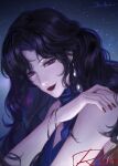 1girl absurdres bare_arms bare_shoulders black_hair blue_dress bracelet brooch cat's_eye character_name curly_hair dress earrings from_side half-closed_eyes hand_on_own_shoulder heibai_bangbing highres jewelry kisugi_rui lens_flare looking_at_viewer looking_to_the_side mole mole_under_mouth nail_polish night night_sky parted_bangs purple_eyes red_lips red_nails silver_bracelet smile solo star_(sky) teardrop_earrings upper_body 