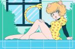  1girl animal_ears bare_legs barefoot bell black_choker black_shirt blonde_hair breasts bush cat_ears cat_girl cat_tail cherry_print choker dress fangs food_print from_side fruit_print full_body hand_on_own_thigh highres jingle_bell knee_up layered_sleeves long_sleeves looking_at_viewer looking_to_the_side medium_breasts neck_bell nka_46 open_mouth outdoors print_dress puffy_short_sleeves puffy_sleeves sham_cat sham_cat_(character) shirt short_dress short_hair short_over_long_sleeves short_sleeves sitting smile solo tail tail_raised turning_head unmoving_pattern yellow_dress yellow_eyes 