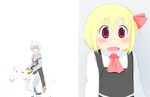  1girl ahoge arawi_keiichi_(style) ascot bad_id bad_pixiv_id bell belt black_eyes blonde_hair blush glasses hair_ribbon hyadain_no_kakakata_kataomoi_-_c koji_(kohei66) kyubey long_sleeves mahou_shoujo_madoka_magica morichika_rinnosuke nichijou open_mouth parody pouch red_eyes ribbon riding rumia short_hair silver_hair simple_background style_parody sweatdrop touhou 