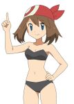  1girl arm_up bandana belly bikini black_bikini blue_eyes breasts brown_hair commentary holding looking_at_viewer may_(pokemon) medium_hair mnkr98 pokemon pokemon_rse red_bandana simple_background small_breasts smile solo swimsuit white_background 