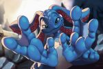  2022 3_toes ambiguous_gender anthro belly blockman3_(artist) blue_body blue_feet cephalopod feet fizz_(lol) foot_fetish foot_focus green_eyes head_markings league_of_legends marine markings membrane_(anatomy) mollusk pseudo_hair riot_games smile smug_face soles suction_cup suction_cup_(anatomy) tencent tentacle_hair tentacles toes webbed_feet white_belly white_body 