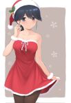  1girl azuki-iro black_hair black_pantyhose blue_eyes breasts dress fur-trimmed_dress fur_trim fur_wrist_cuffs hat highres houshou_(kancolle) kantai_collection long_hair medium_breasts pantyhose red_hat santa_hat skirt_hold solo strapless strapless_dress wrist_cuffs 