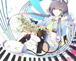 &gt;_&lt; ahoge ascot bare_shoulders bass_clef beamed_eighth_notes benghuai_7 black_hair black_legwear cable closed_eyes eighth_note eighth_rest fermata flat_sign flower green_eyes hair_ornament half_note long_hair luo_tianyi musical_note natural_sign petals piano_keys quarter_note sharp_sign short_hair_with_long_locks sidelocks sitting sixteenth_note skirt smile solo thighhighs tian_dian treble_clef vocaloid vocanese whole_note wings 