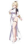  1girl asymmetrical_clothes black_shawl blonde_hair bracer breasts covered_navel cross cross_earrings cross_necklace detached_sleeves dot_nose dress earrings esmeralda_(lost_sword) eyebrows_hidden_by_hair eyelashes fringe_trim full_body game_cg gold_bracer hand_on_own_chest high_heels high_ponytail highleg highleg_dress highres jewelry large_breasts light_smile looking_at_viewer lost_sword:_tales_of_britania medium_hair necklace no_bra no_panties official_art ponytail shawl shoes sideboob single_earring skindentation standing thigh_strap thighs third-party_source tight_clothes transparent_background white_dress white_shoes wrinkled_fabric yellow_eyes 